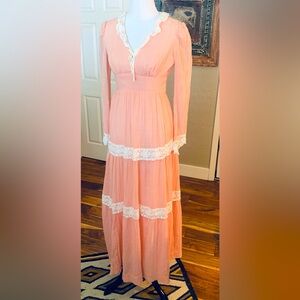 Vintage Roberta California Cottagecore Prairie Maxi Long Sleeve Dress w/ Lace| S